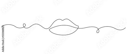 One continuous line drawing of mouth and lips. Concept symbol of makeup and lipstick in simple linear style. Mascot icon for posters, cards, banner editable stroke. Doodle vector illustration