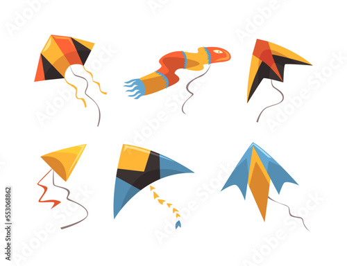Colorful Kite as Tethered Craft with Wing Surfaces and Tail Vector Set