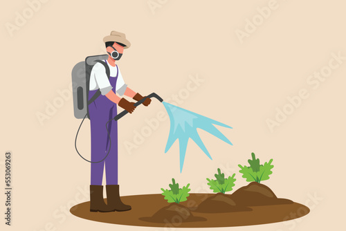 Farmer sprays pesticide. Agriculture concept. Colored flat graphic vector illustration. 