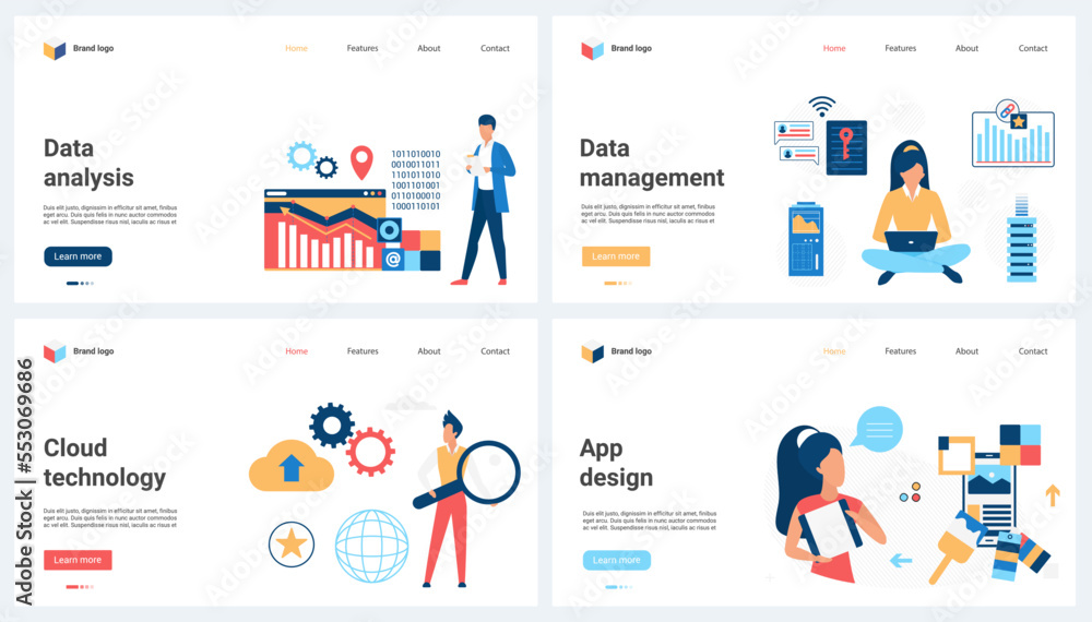 Data analysis and management with cloud technology, mobile app design set vector illustration. Cartoon tiny people search files with magnifying glass, develop UI of app, work with hosting server