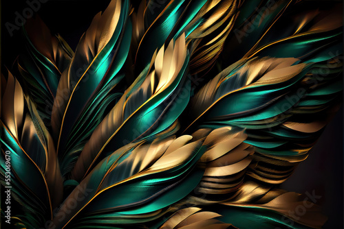 green and gold feathers background as beautiful abstract wallpaper header