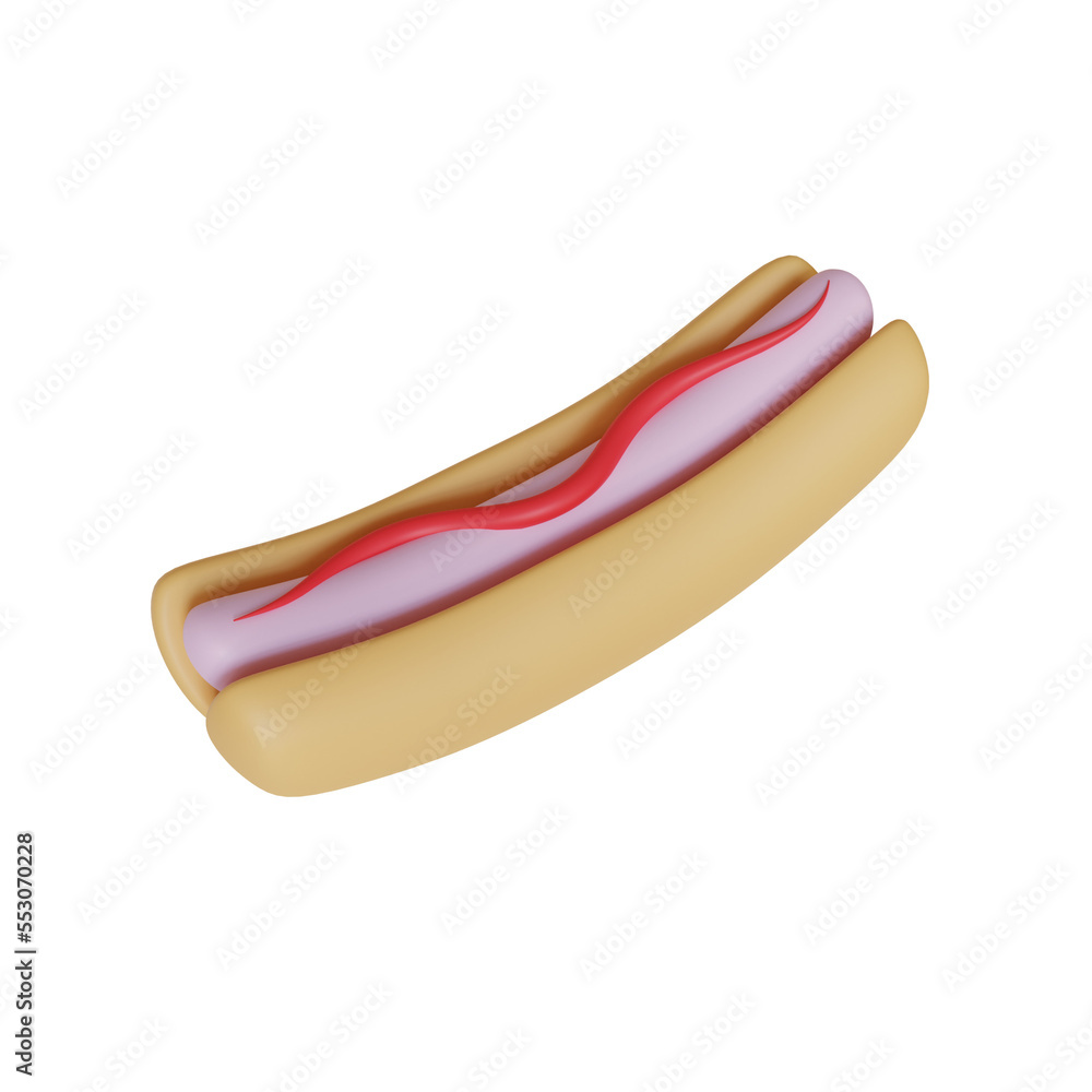 3D Icon One Hot Dog. Cartoon style. 3D rendering. Cartoon Style. Fast food concept.