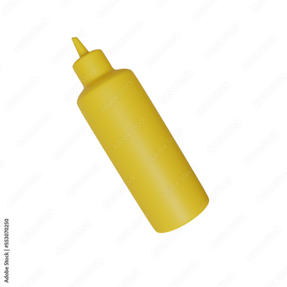 Yellow bottle for mustard. Cartoon style. Fast food concept. 3D rendering. Yellow bottle for mustard. Cartoon style. Fast food concept. 3D rendering.