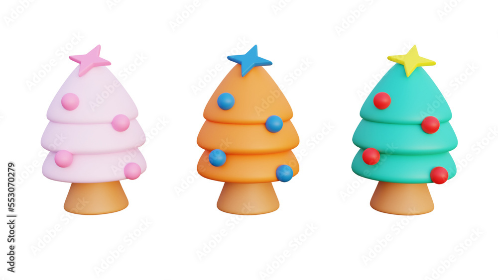 3d web icon illustration of christmas trees with decorations in different colors 3d web icon illustration of christmas trees with decorations in different colors
