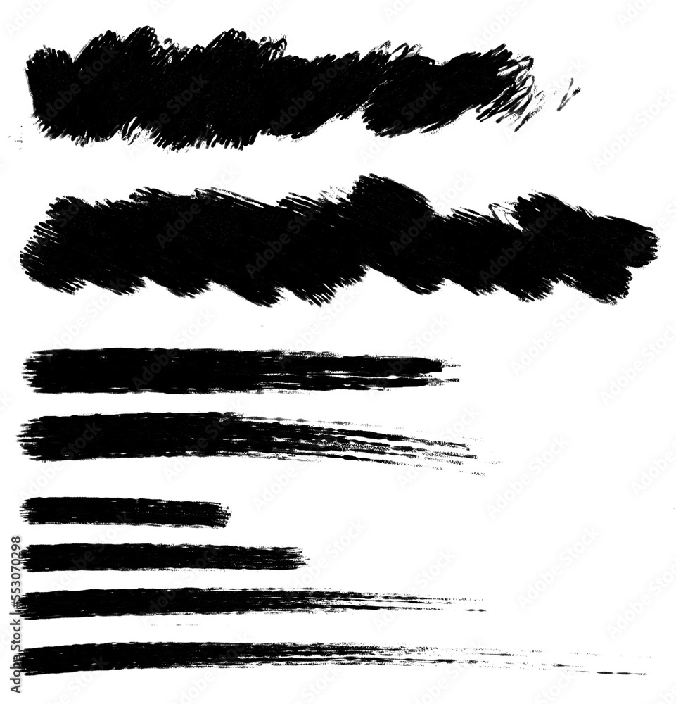 Set of hand drawn black grungy paint strokes. Isolated stripes collection. Sketchy line shapes. Grunge brush strokes.