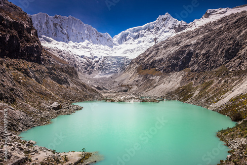 Llaca lake in Cordillera Blanca with snowcapped Andes  Ancash  Peru