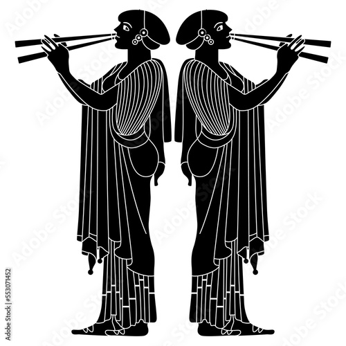 Symmetrical ethnic design with two ancient Greek women playing flutes. Vase painting style. Black and white negative silhouette.
