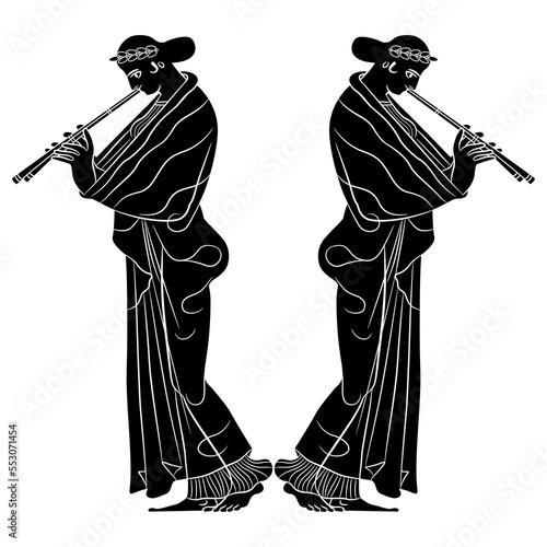 Symmetrical ethnic design with two ancient Greek women playing flutes. Vase painting style. Black and white negative silhouette.