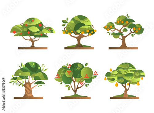 Different Fruit Trees with Green Crown and Trunk Flat Vector Set