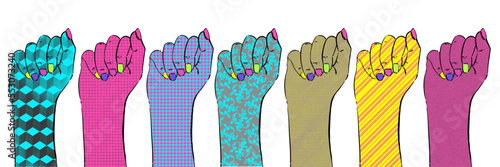 Vector illustration of a fist. Rally, protest. Isolated set. Bright psychedelic design.
