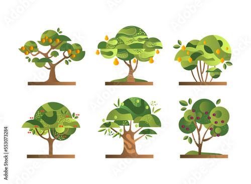 Different Fruit Trees with Green Crown and Trunk Flat Vector Set