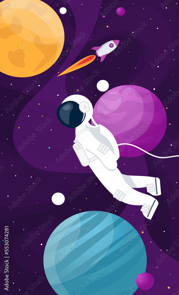 Fototapeta premium astronaut in space among planets, stars and rockets