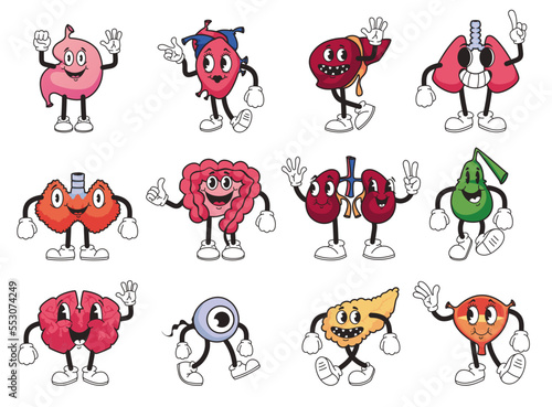 Retro style internal organs characters isolated design element vector illustration concept set