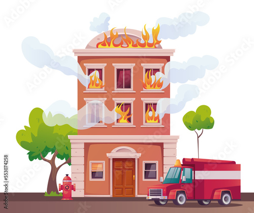 Burning fire house buildings fighter city design element vector illustration concept