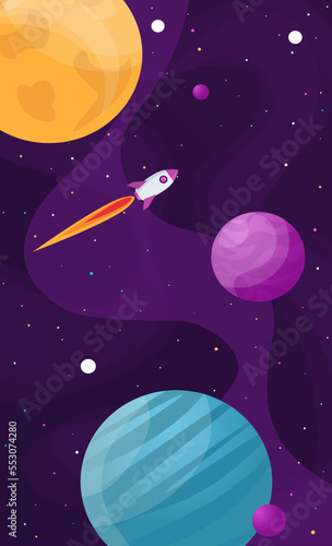 rocket flies in space among stars and planets	
