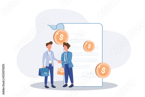 Financial obligation document. Promissory bill, loan agreement, debt return promise. Issuer and payee signing contract. Businessmen making deal. Flat vector illustration