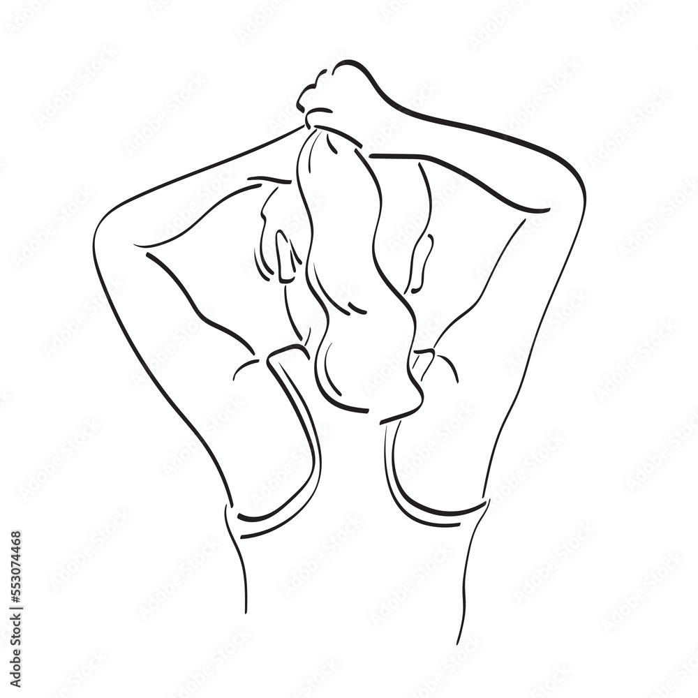line art rear view of sporty woman holding her long hair illustration vector hand drawn isolated on white background line art rear view of sporty woman holding her long hair illustration vector hand drawn isolated on white background