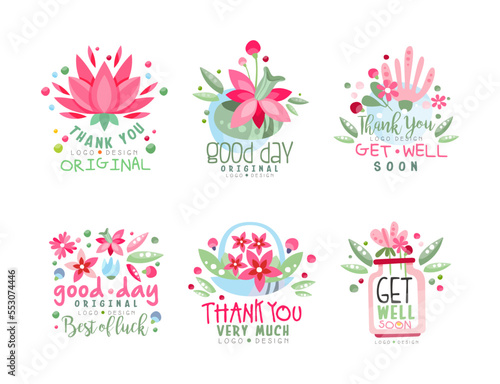 Thank You and Good Day Logo Design with Floral Elements Vector Set