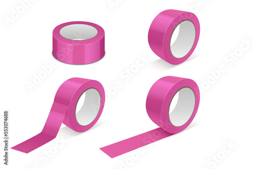 Vector 3d Realistic Glossy Pink Tape Roll Icon Set, Mock-up Closeup Isolated on White Background. Design Template of Packaging Sticky Tape Roll or Adhesive Tape for Mockup. Front View