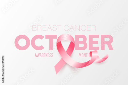 October. Breast Cancer Banner, Card, Placard with Vector 3d Realistic Pink Ribbon. Breast Cancer Awareness Month Symbol Closeup. World Breast Cancer Day Concept