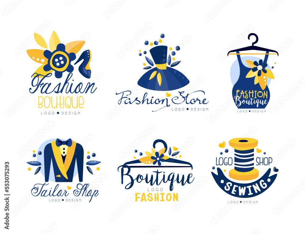 Fototapeta premium Fashion Boutique and Tailor Shop Logo Design with Hanger, Suit and Dress Vector Set