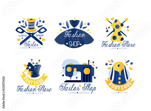Fashion Boutique and Tailor Shop Logo Design with Dress, Needles, Machine and Coat Vector Set