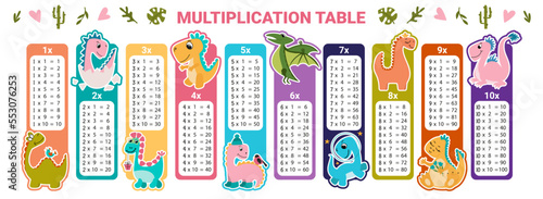 Vector multiplication table. Children's design. Bookmarks or stickers for printing with cute dinosaurs, dino.