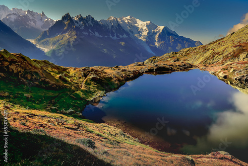 Mont Blanc and idyllic lake Cheserys reflection, Chamonix, French Alps
