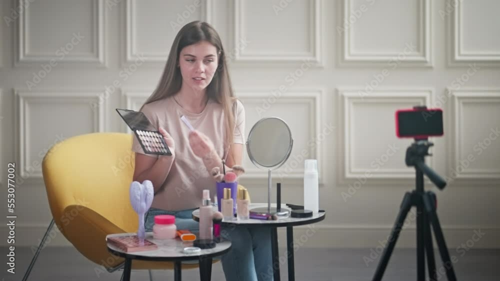 professional makeup artist is streaming in social media, recording review cosmetics for beauty blog professional makeup artist is streaming in social media, recording review cosmetics for beauty blog