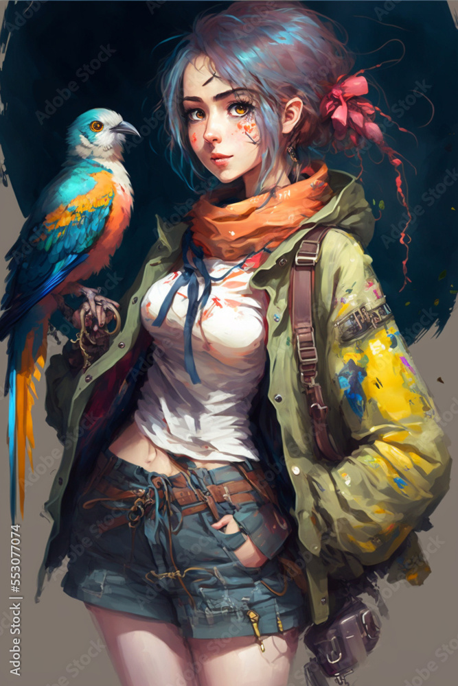 Fototapeta premium anime girl with parrot 