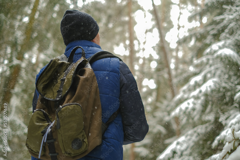 Fototapeta premium hiking in Winter season.man with a backpack in snowy weather. Snowfall in the winter forest.Man in the natural environment in the cold season. Traveler in winter snowy forest. Winter weather.