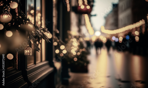 Christmas lights, Christmas decorations on the street. Blurred background city street, Christmas decorations and people on the street. Copy space for your text