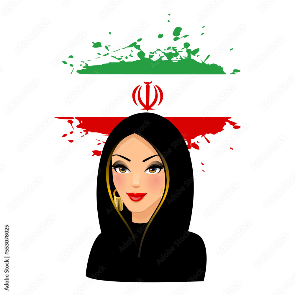 Iranian girl vector character with face mask and Iran flag for protest Iranian girl vector character with face mask and Iran flag for protest