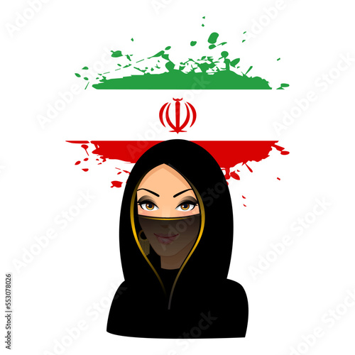 Iranian girl vector character with face mask and Iran flag for protest