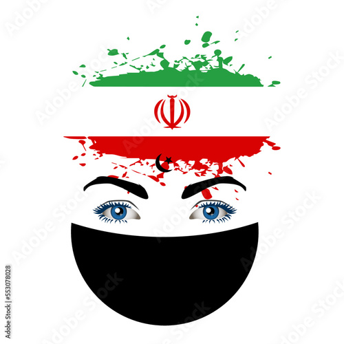 Iranian girl vector character with face mask and Iran flag for protest