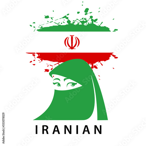 Iranian girl vector character with face mask and Iran flag for protest