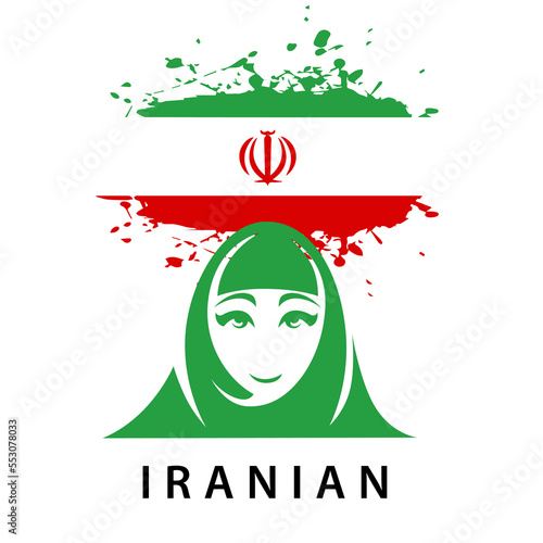 Iranian girl vector character with face mask and Iran flag for protest