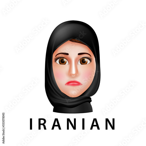 Iranian girl vector character with face mask and Iran flag for protest