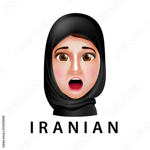 Iranian girl vector character with face mask and Iran flag for protest