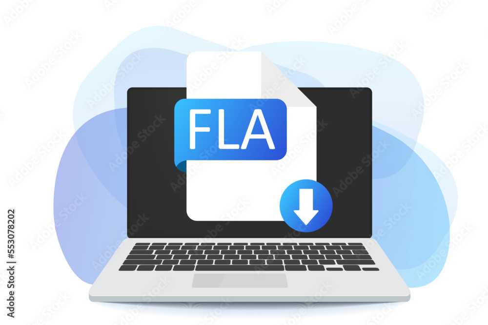 Download FLA button on laptop screen. Downloading document concept. FLA label and down arrow sign. Vector stock illustration. Download FLA button on laptop screen. Downloading document concept. FLA label and down arrow sign. Vector stock illustration.