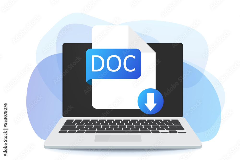 Download DOC button on laptop screen. Downloading document concept. DOC label and down arrow sign. Vector stock illustration.