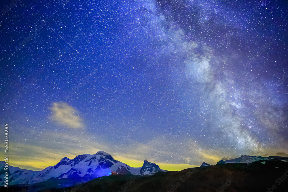 Milky Way galaxy above Matterhorn, Swiss Alps at night