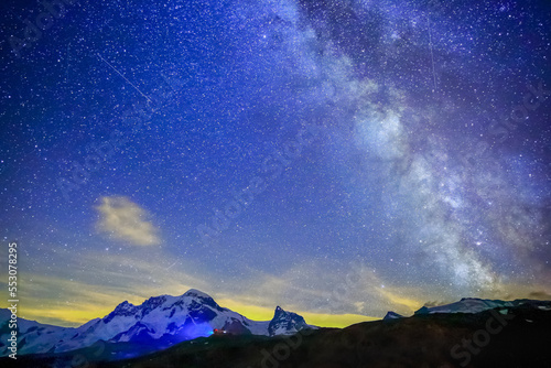 Milky Way galaxy above Matterhorn, Swiss Alps at night