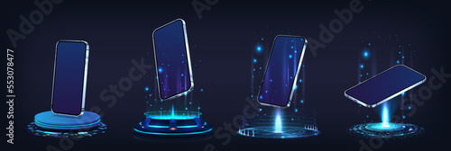 Hi-tech show mockups 3D realistic smartphone in futuristic holograms, podium, platforms. 3D mobile phone templates with blank screen levitate in futuristic holograms. HUD cyberpunk concept. Vector