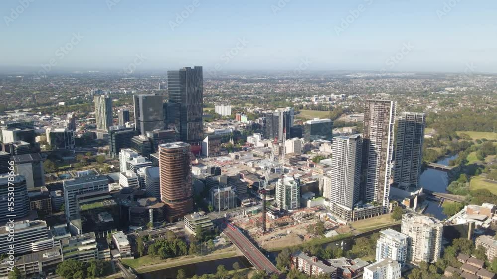 Aerial drone view of Parramatta CBD in Greater Western Sydney, NSW, Australia showing development of the city as at December 2022 Aerial drone view of Parramatta CBD in Greater Western Sydney, NSW, Australia showing development of the city as at December 2022