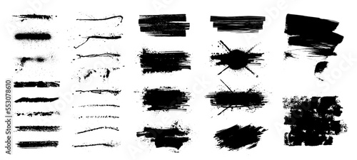 Ink black spots, paintbrush and splashes grunge, isolated on white background. Vector set black brush stroke, dirty artistic design elements. Grunge splatter with drops blots. Vector ink box  photo