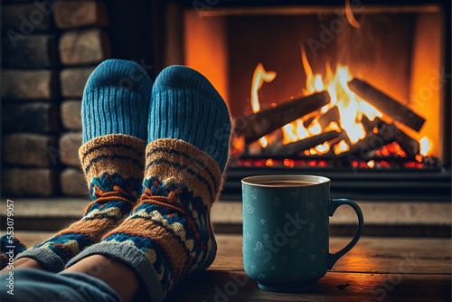 Cozy Feet in Winterwear Socks next to Fireplace with Hot Drink Beautiful and Relaxing Scenery Generative AI
