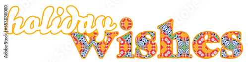 Fotografia Gold, red and blue cut out lettering holiday wishes for Christmas and all winter holidays with a cosy quilt like pattern