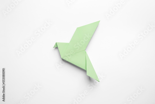 Beautiful light green origami bird on white background, top view