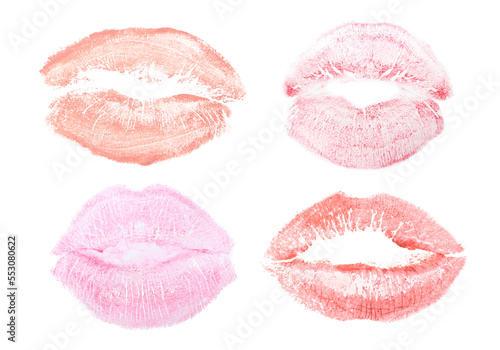 Plakat w ramie Set with lipstick kiss marks on white background, top view